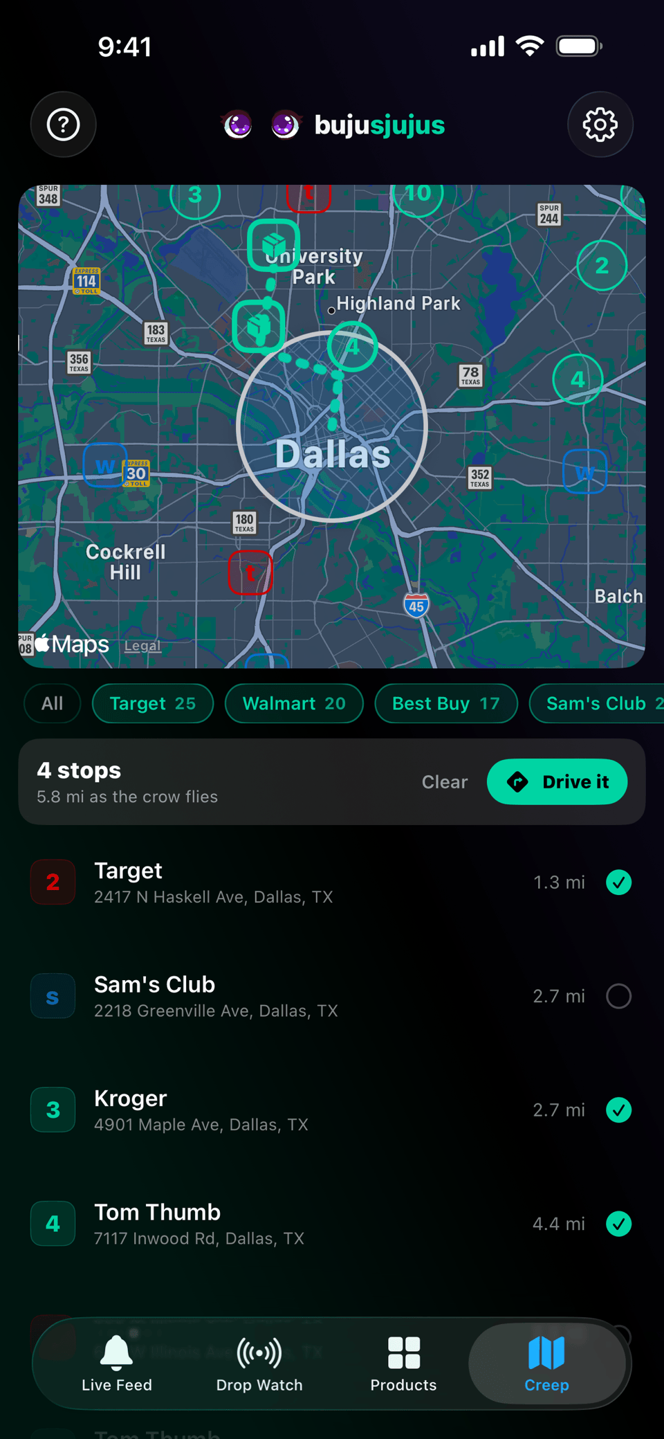 bujusjujus iOS app — Creep: nearby stores on a map, planned into a route (dark mode)