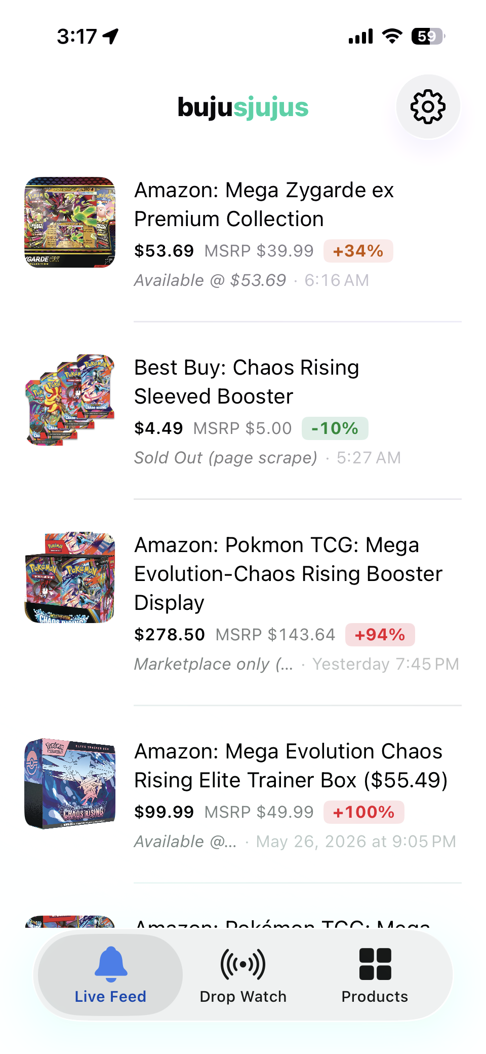 bujusjujus iOS app — Live Feed (light mode)