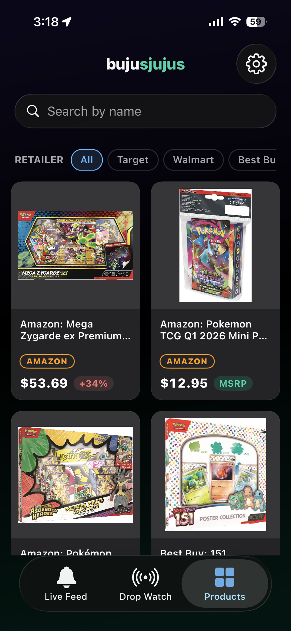 bujusjujus iOS app — Products (dark mode)